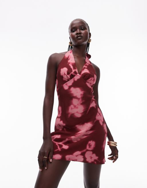 Topshop Vestito corto morbido nero e rosso a fiori allacciato al collo ASOS