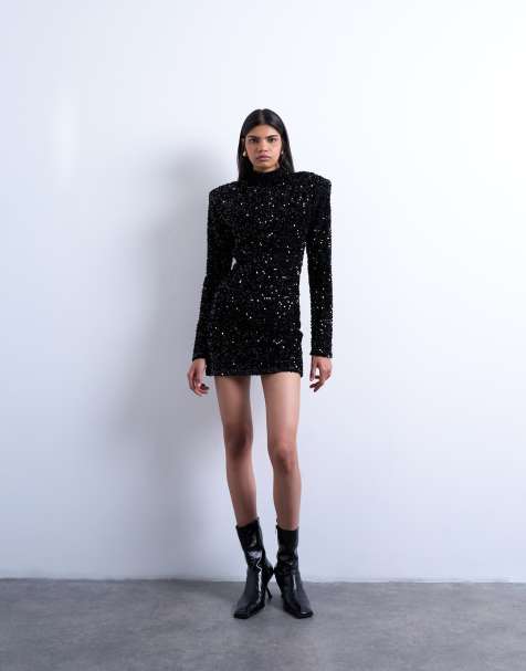 Topshop - Vestito corto nero a maniche lunghe in velluto con spalline imbottite e paillettes - view 1