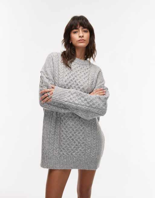 Topshop - Vestito corto oversize grigio chiaro mélange in maglia con motivo a trecce