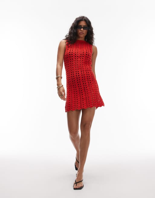 Topshop - Vestito corto premium in maglia all'uncinetto rosso lavorato a mano