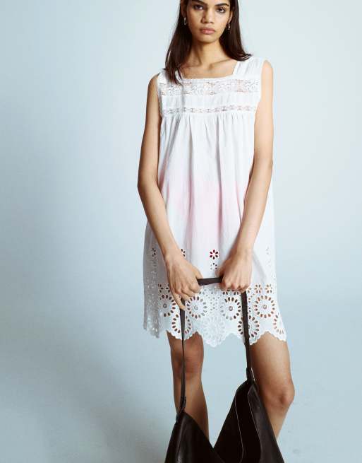Topshop - Vestito corto stile camicia da notte con dettagli ricamati bianco, 2 di 4