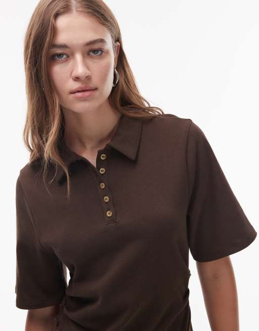 Topshop - Vestito corto stile polo marrone stretto in vita, 3 di 4