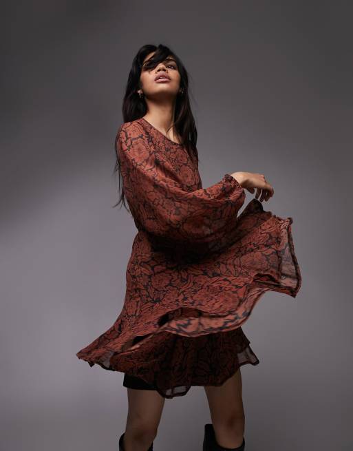 Topshop - Vestito corto svasato con stampa cachemire a fiori ruggine