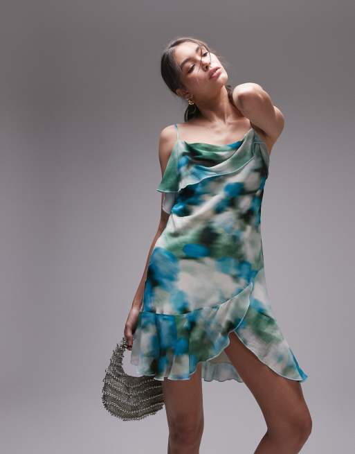 Topshop - Vestito corto trasparente blu sfumato a fiori drappeggiato