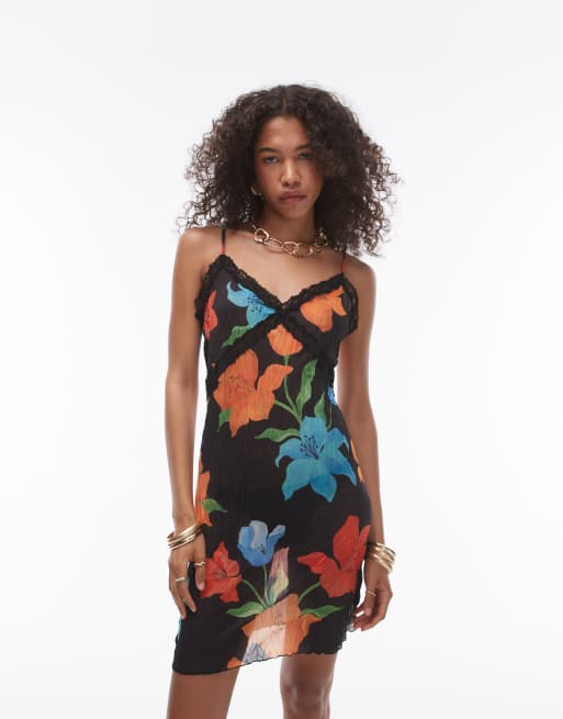Topshop - Vestito corto trasparente con stampa floreale e finiture in pizzo