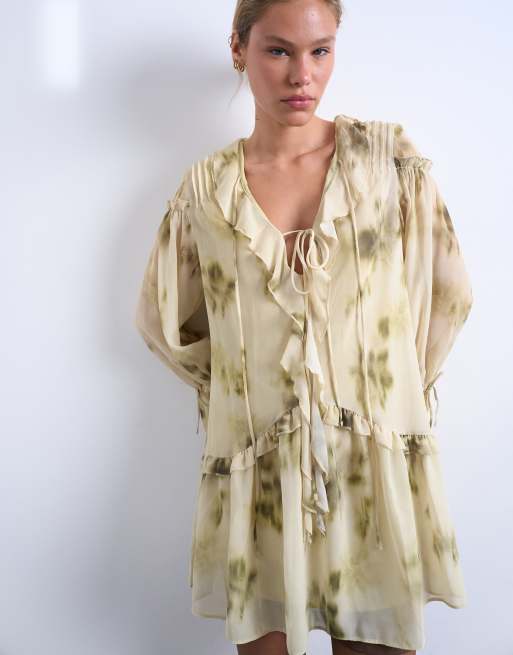 Topshop - Vestito corto verde con stampa a fiori e maniche con volant