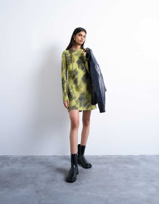 Topshop - Vestito corto verde con stampa sfocata e scollo a barchetta, 2 di 4