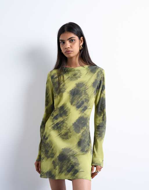Topshop - Vestito corto verde con stampa sfocata e scollo a barchetta, 3 di 4