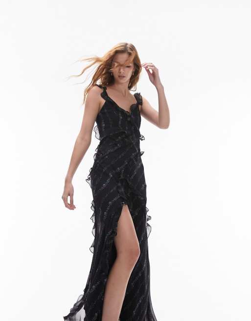 Topshop - Vestito da cerimonia lungo con stampa lineare a fiori e maniche con volant