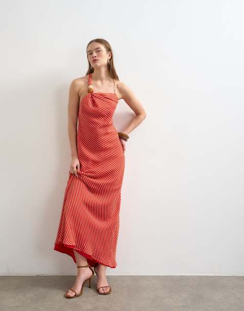 Topshop - Vestito da cerimonia lungo in chiffon arancione a righe con scollo asimmetrico con perline - view 1