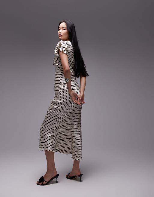 Topshop - Vestito da cerimonia lungo monocromatico a pois jacquard con maniche con volant, 4 di 4