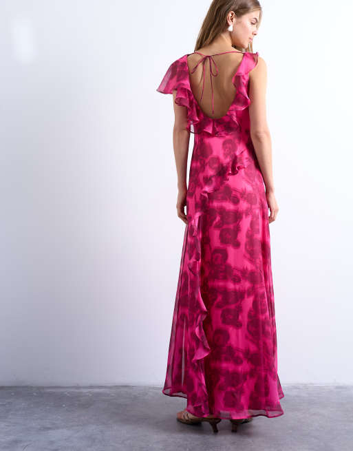 Topshop - Vestito da cerimonia lungo rosa a fiori sfocati con volant, 2 di 4