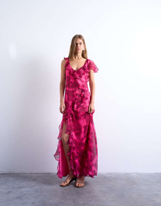 Topshop - Vestito da cerimonia lungo rosa a fiori sfocati con volant, 4 di 4