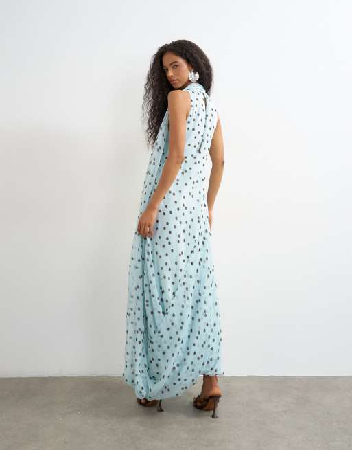 Topshop - Vestito da cerimonia midi in chiffon blu e cioccolato a pois con orlo drappeggiato, 2 di 4