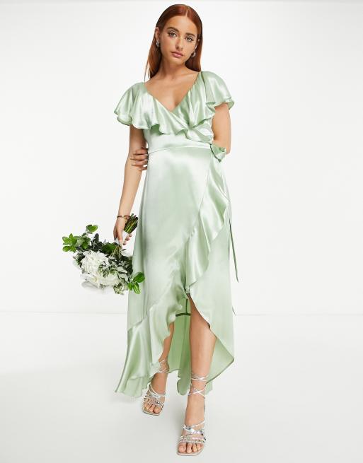Topshop - Vestito da damigella a portafoglio in raso color salvia con volant