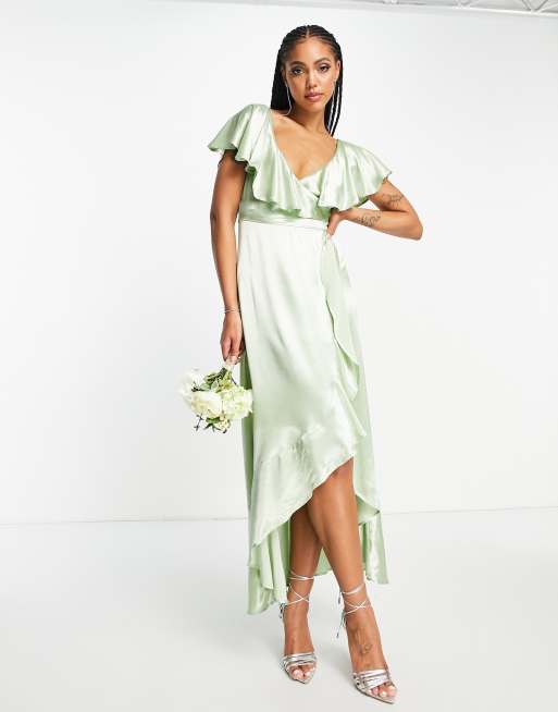 Topshop - Vestito da damigella avvolgente in raso verde con volant