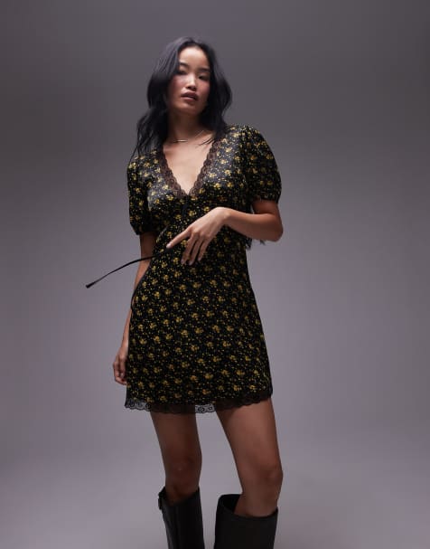 Topshop - Vestito da giorno corto a fiorellini gialli con bordi in pizzo - view 1