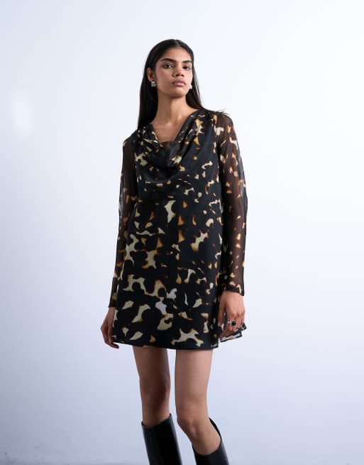 Topshop - Vestito da giorno corto a maniche lunghe con stampa tartarugata e scollo ad anello