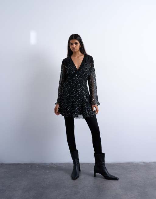 Topshop - Vestito da giorno corto a maniche lunghe monocromatico a pois con finiture in pizzo