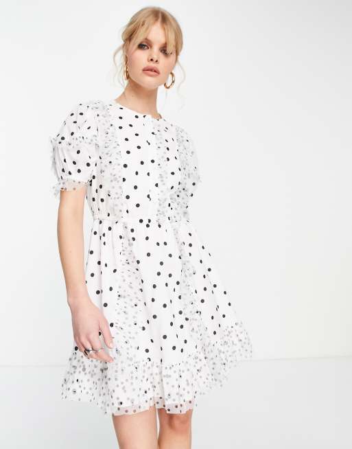Topshop - Vestito da giorno corto a pois misti monocromatici con volant
