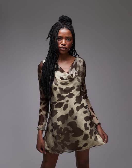 Topshop - Vestito da giorno corto animalier sfumato a maniche lunghe con scollo ad anello 