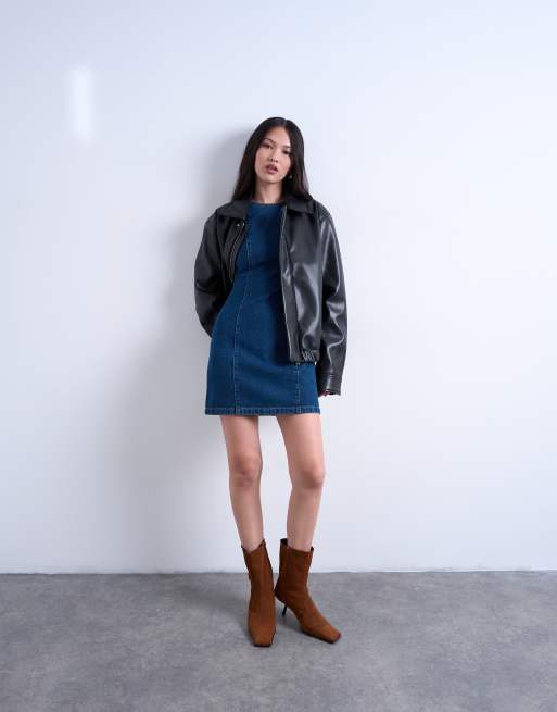 Topshop - Vestito di jeans svasato corto blu medio, 2 di 4