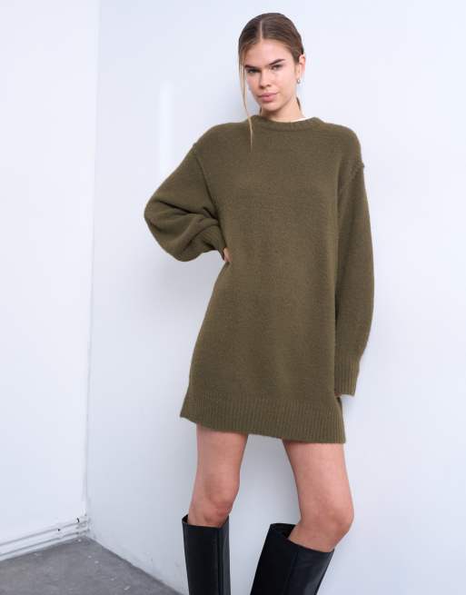 Topshop - Vestito girocollo corto in maglia soffice kaki, 2 di 4