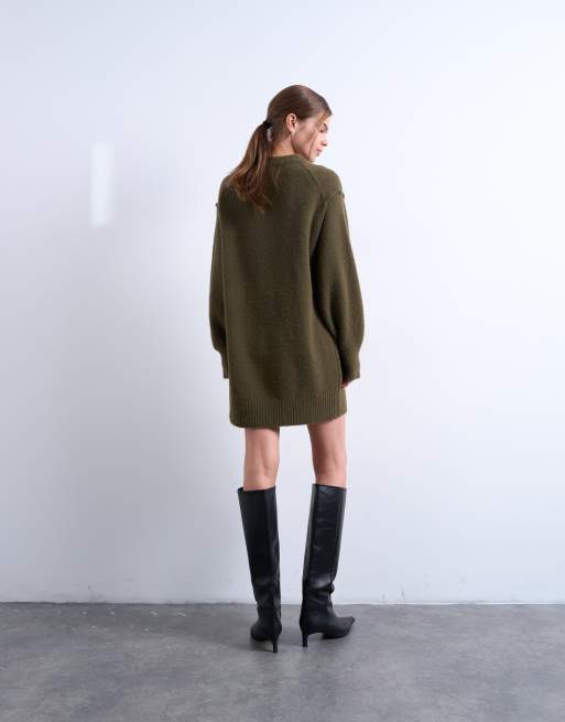 Topshop - Vestito girocollo corto in maglia soffice kaki, 4 di 4