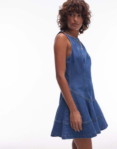 Topshop - Vestito in denim blu medio con vita scesa e scollo a barchetta - view 1
