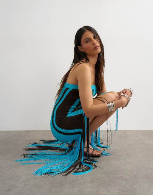 Topshop - Vestito in maglia a righe vivaci color turchese e marrone con nappe