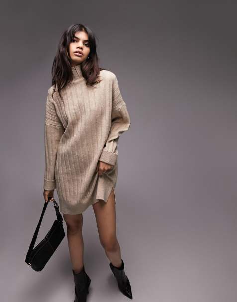 Topshop - Vestito in maglia con collo a imbuto colore neutro a coste - view 1