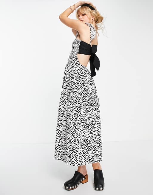 Topshop - Vestito in popeline di cotone con pinces e pois bianco e nero