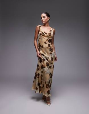 Topshop - Vestito lungo a doppio strato con scollo ad anello color latticello a fiori 