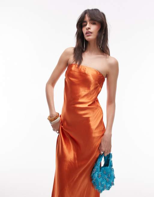 Topshop - Vestito lungo a fascia stile sottoveste in raso color ruggine