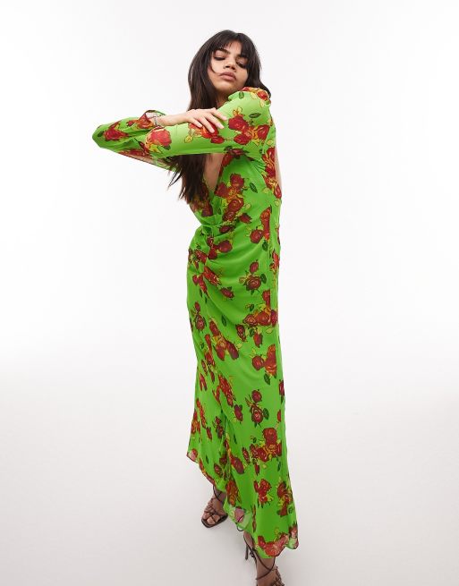 Topshop - Vestito lungo a maniche lunghe aperto dietro e raccolto in vita verde a fiori