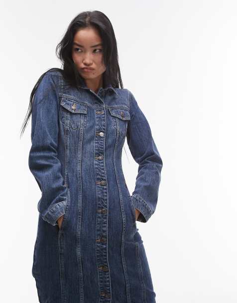 Topshop - Vestito lungo a maniche lunghe in denim blu medio con vita regolabile - view 1