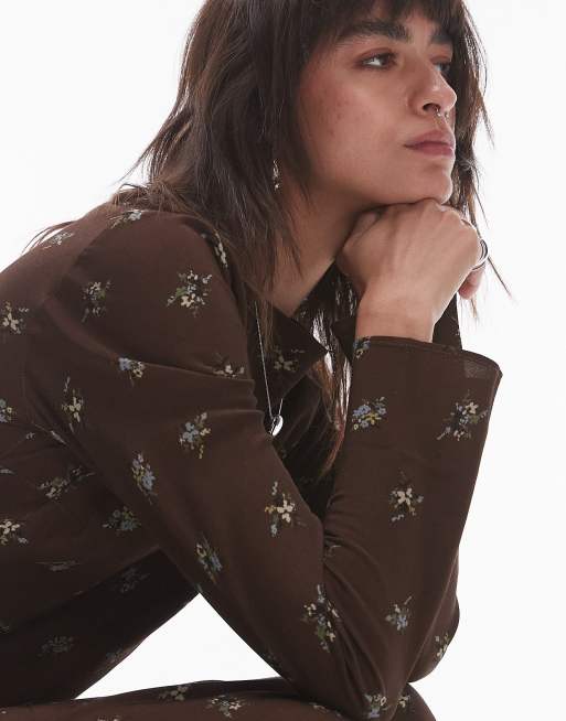 Topshop - Vestito lungo a maniche lunghe marrone a fiorellini con scollo a barchetta , 3 di 4