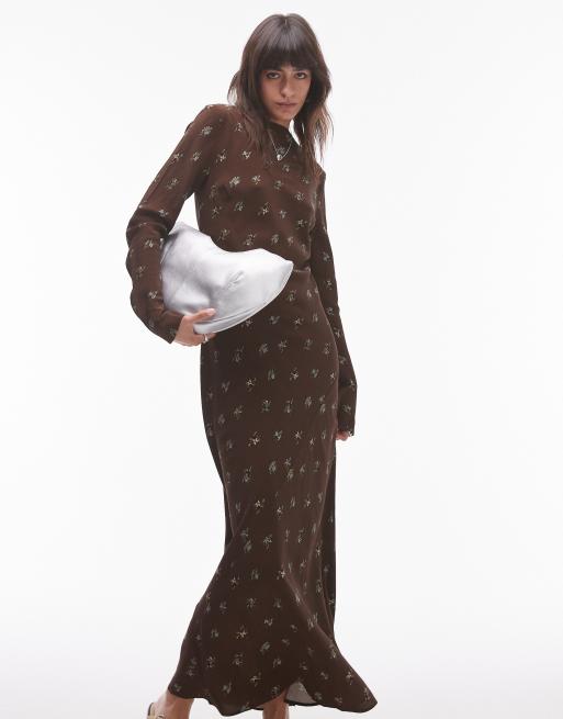 Topshop - Vestito lungo a maniche lunghe marrone a fiorellini con scollo a barchetta , 4 di 4