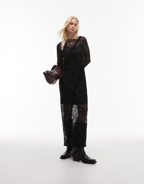 Topshop - Vestito lungo a maniche lunghe nero in pizzo con volant - view 1