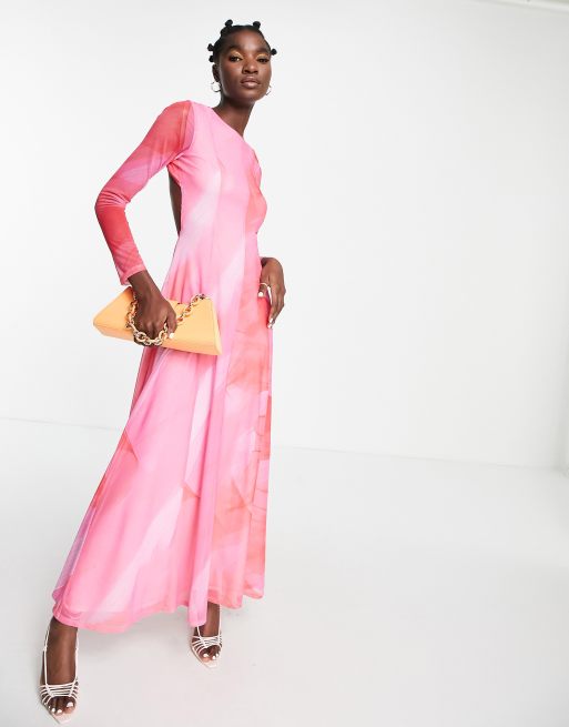 Topshop - Vestito lungo a maniche lunghe rosso e rosa effetto acquerello, 4 di 4