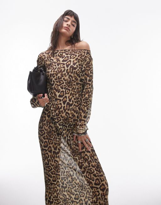 Topshop - Vestito lungo a maniche lunghe trasparente leopardato