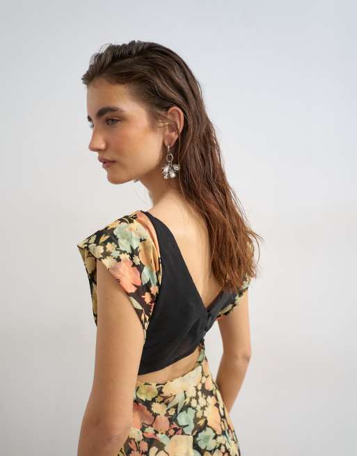 Topshop - Vestito lungo a pieghe con schiena scoperta rosa e verde a fiori, 2 di 4