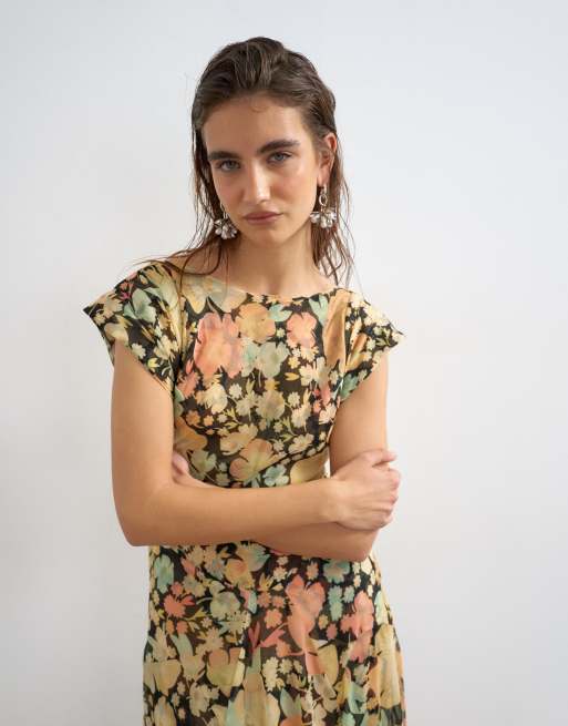 Topshop - Vestito lungo a pieghe con schiena scoperta rosa e verde a fiori, 3 di 4