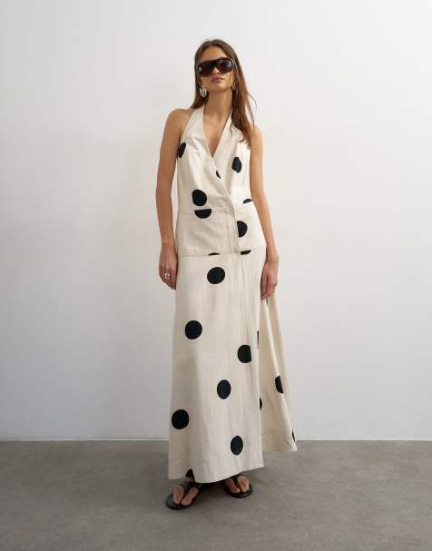 Topshop - Vestito lungo a portafoglio premium allacciato al collo in misto lino neutro a pois monocromatici - view 1
