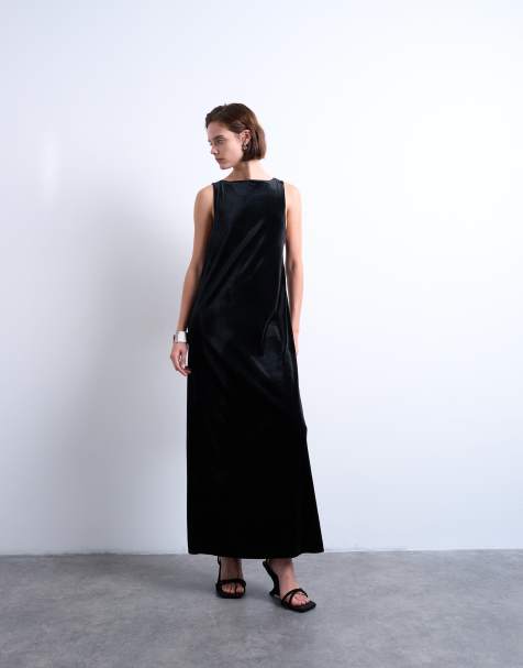 Topshop - Vestito lungo accollato aperto sul retro in velluto nero - view 1