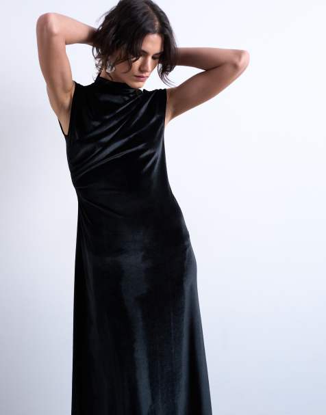 Topshop - Vestito lungo accollato in velluto nero - view 1