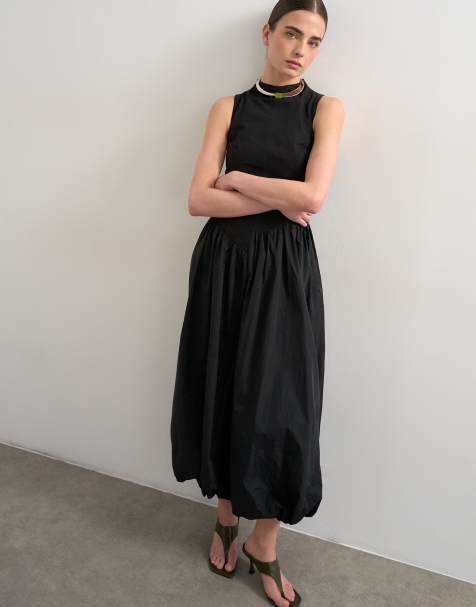 Topshop - Vestito lungo accollato nero con fondo asimmetrico a palloncino - view 1