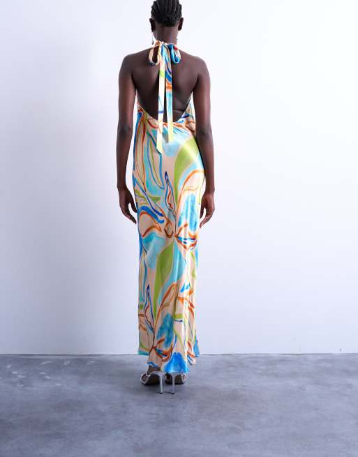 Topshop - Vestito lungo allacciato al collo blu con stampa stile boutique, 2 di 4