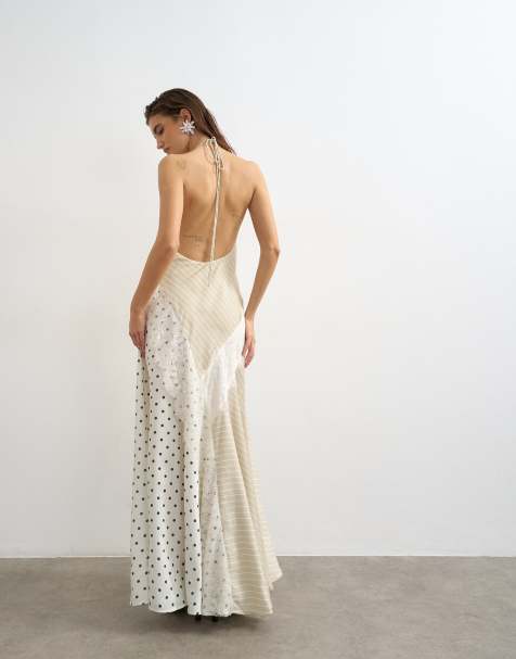 Topshop - Vestito lungo allacciato al collo con inserti a contrasto in pizzo, a righe e a pois - view 1