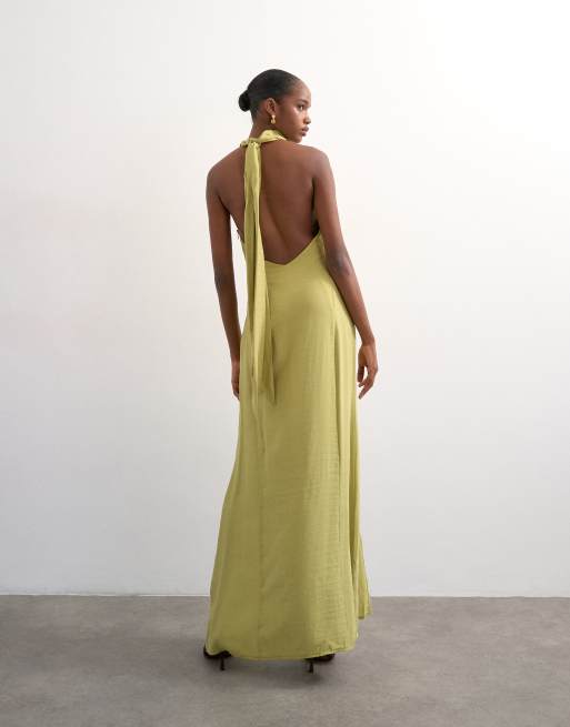 Topshop - Vestito lungo allacciato al collo con scollo ad anello color lime, 2 di 4